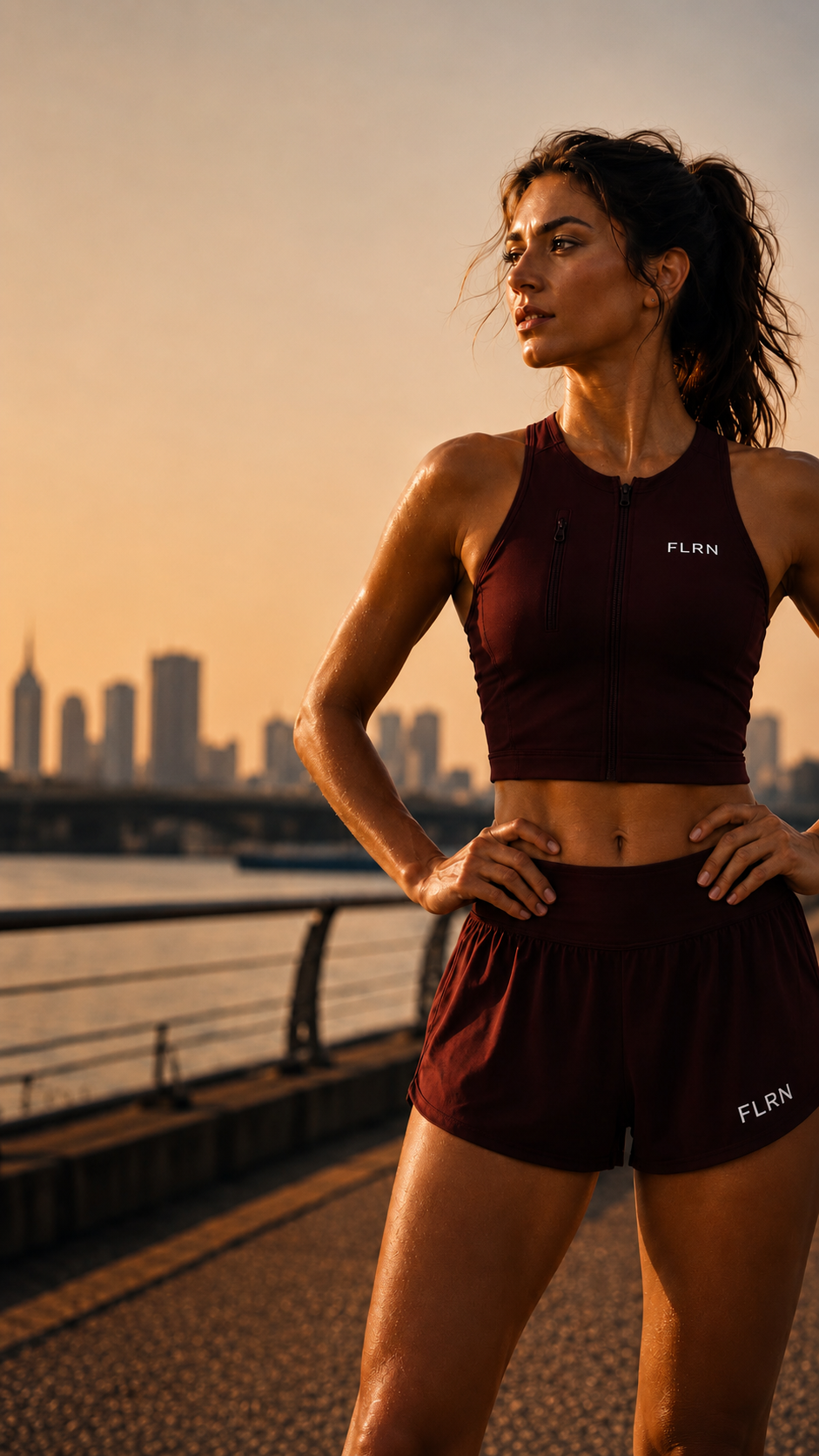 Runner in the deep red FLRN performance top and flow short at sunset